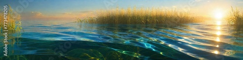 Abstract colorful illustration of splashing waves on river on midsummer sunset background, background for social media banner design, website, space for text	