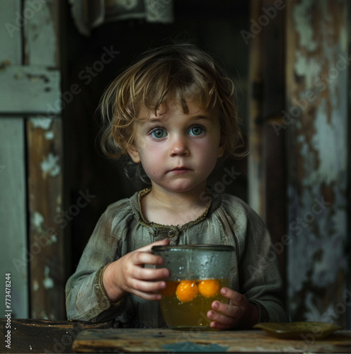 child helding bobbles of sirop to put it a glass of water photo