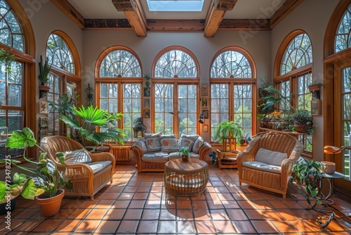 Cozy sunlit Russian sunroom with large panoramic windows and lush plants