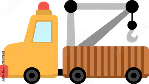 Vector tow truck. Construction site and road work flat icon. Building transportation clipart. Cute special transport or repair service illustration. Yellow evacuator vehicle for kids.