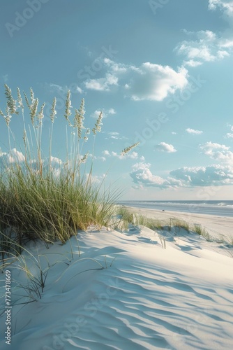 Fototapeta Naklejka Na Ścianę i Meble -  A serene sandy beach with sea oats in the foreground. Ideal for travel brochures