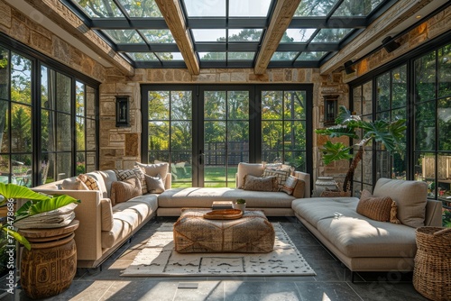 Elegant conservatory with stone walls and modern furnishings surrounded by nature