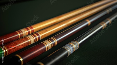 A close up view of a pool table with four cues. Perfect for sports and recreation concepts