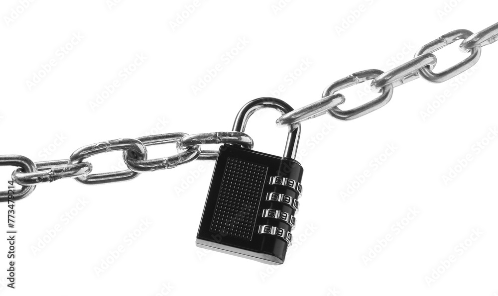 Steel combination padlock and chain isolated on white Steel combination padlock and chain isolated on white