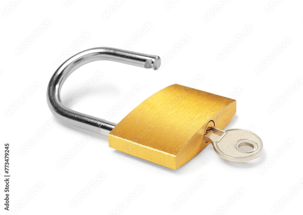 Steel padlock and key isolated on white Steel padlock and key isolated on white