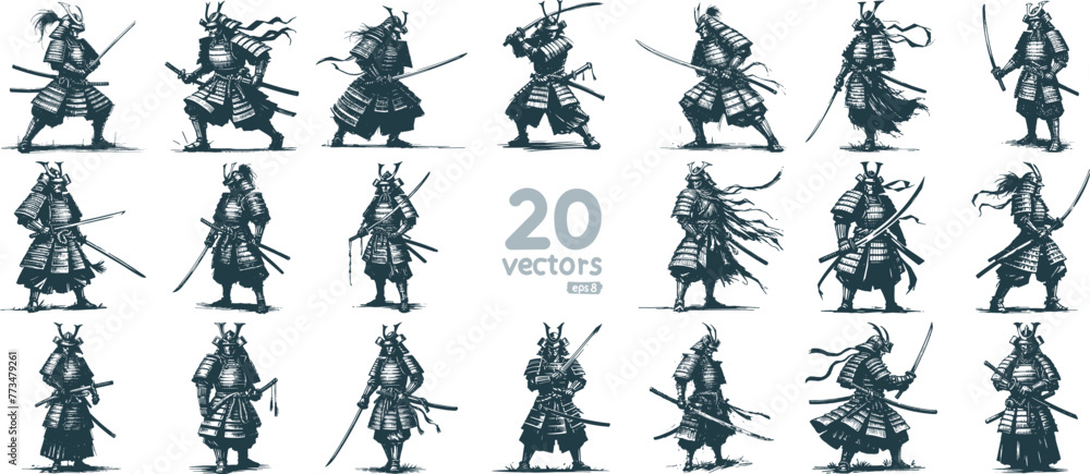 medieval Japanese warrior in armor with a sword collection of