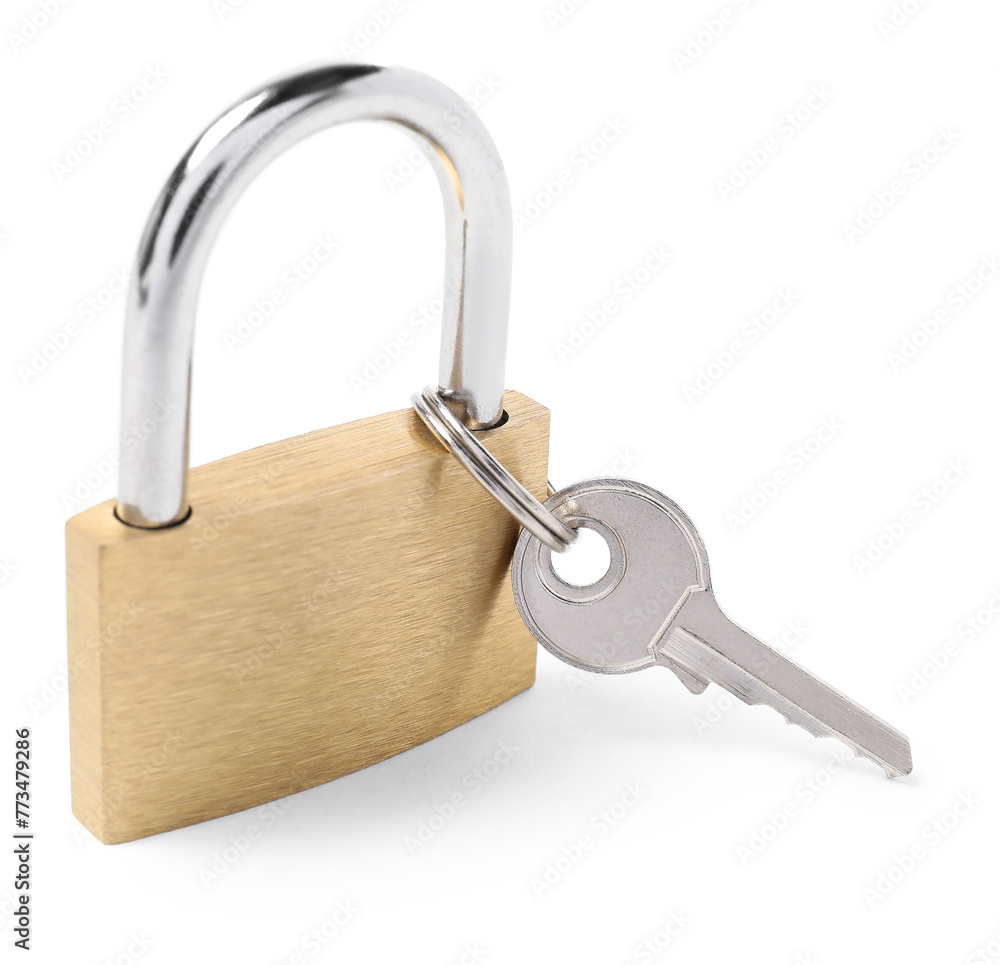 Steel padlock and key isolated on white Steel padlock and key isolated on white