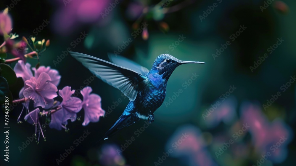 Fototapeta premium A beautiful hummingbird in flight next to vibrant purple flowers. Ideal for nature and wildlife themed designs