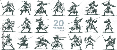 medieval warrior knight in armor and fighting stance collection of monochrome vector drawings