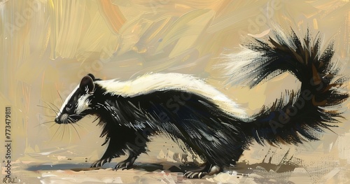 Skunk with tail raised, distinctive stripes, wary but unthreatening. 