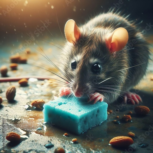 A rodent is seen eating a blue wax poison block on a dirty floor in this pest control scene, highlighting the need for effective pest management solutions photo