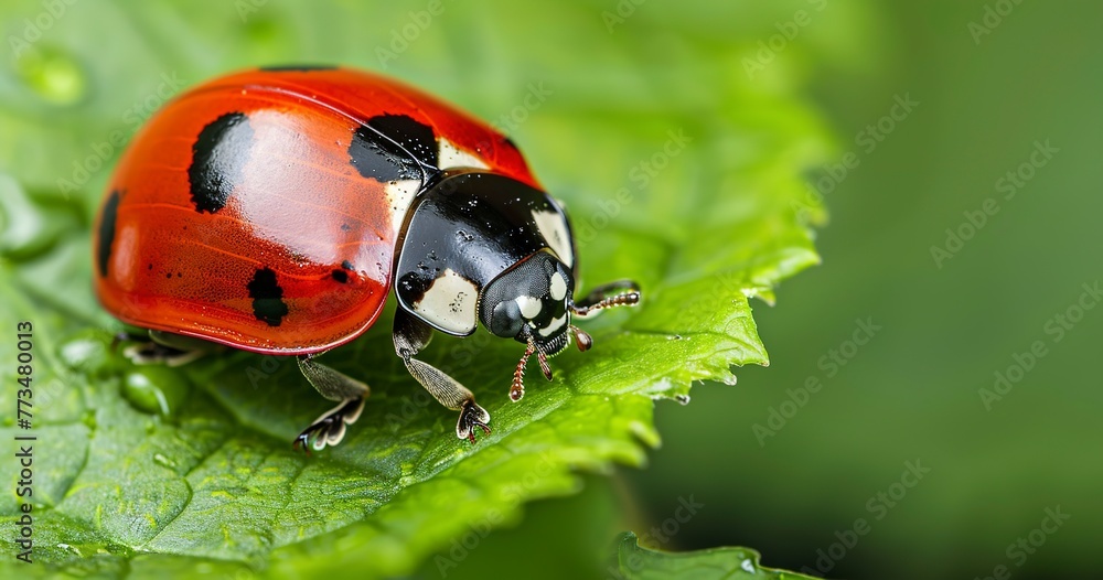 Fototapeta premium Ladybug on a leaf, bright red shell with black spots, symbol of good luck. 