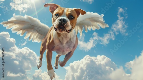  flying boxer dog with angel wings, white clouds in the blue sky behind him, faint rainbow photo