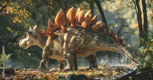 Stegosaurus with its distinct back plates, tail spikes poised, ancient herbivore.