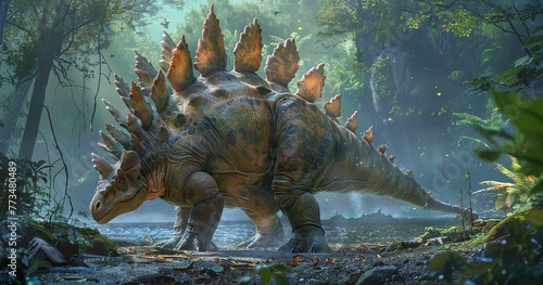 Stegosaurus with its distinct back plates, tail spikes poised, ancient herbivore.  © Thanthara