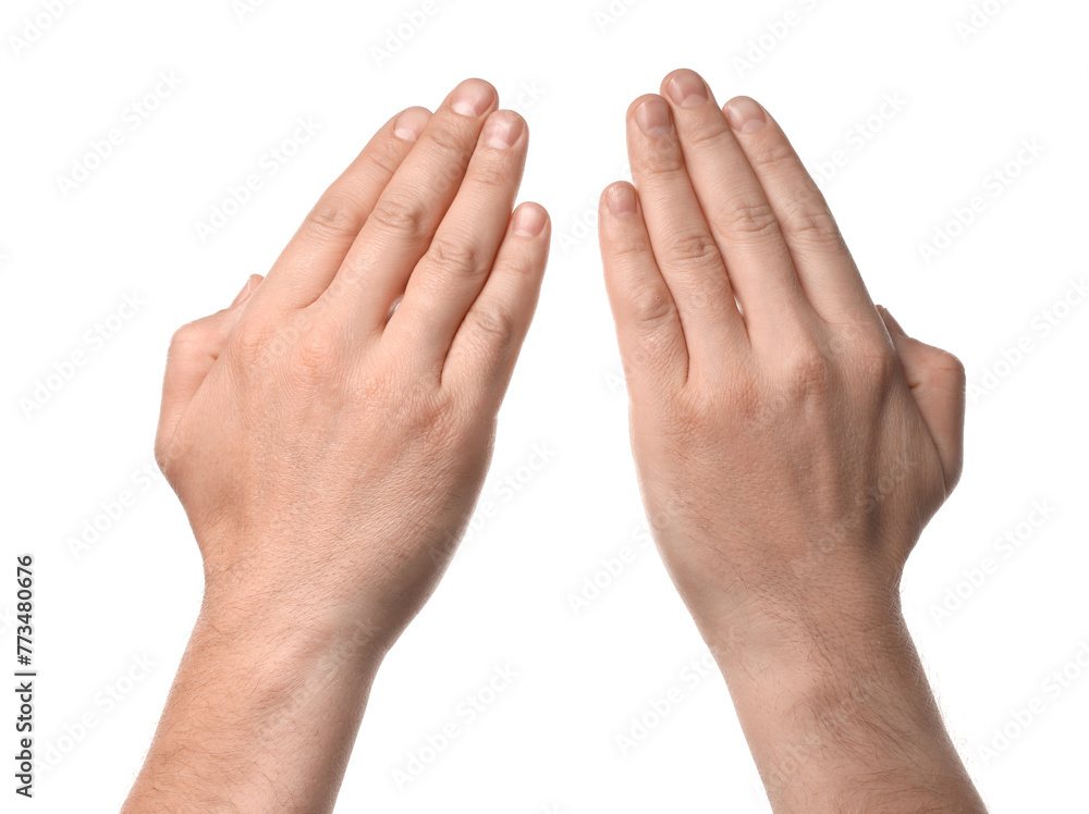 Religion. Man with open palms praying on white background, closeup Religion. Man with open palms praying on white background, closeup