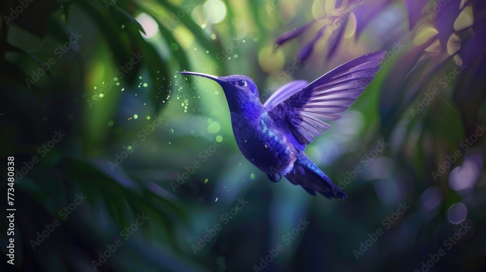 Fototapeta premium A beautiful hummingbird flying through a vibrant green forest. Ideal for nature and wildlife concepts