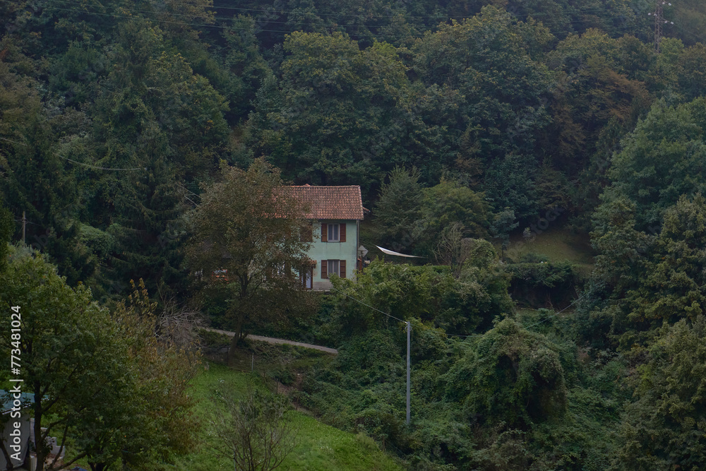 isolated greed house with red roof in a mountains in Italy                               