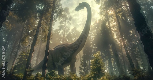 Brachiosaurus reaching for treetops, towering and peaceful, iconic sauropod.  © Thanthara