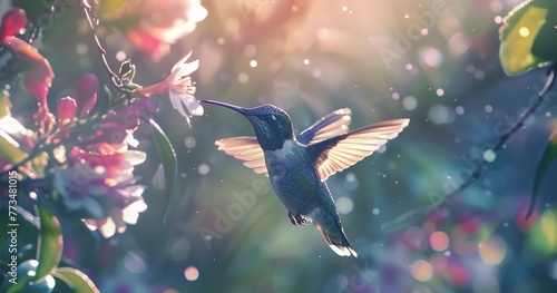 A hummingbird hovering in place, wings a blur, feeding from an invisible flower. 