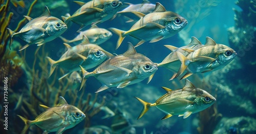 Fish schooling together, synchronized swimming, depicting social and protective behavior. 