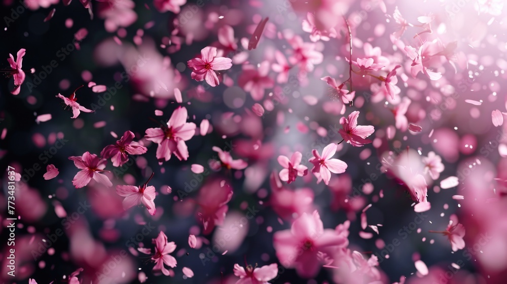 Pink flowers flying in the air, perfect for spring designs Pink flowers flying in the air, perfect for spring designs