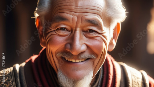 Portrait of happy mature mongoloid elderly man in sunny light. Senior ethnic asian smiling grandfather