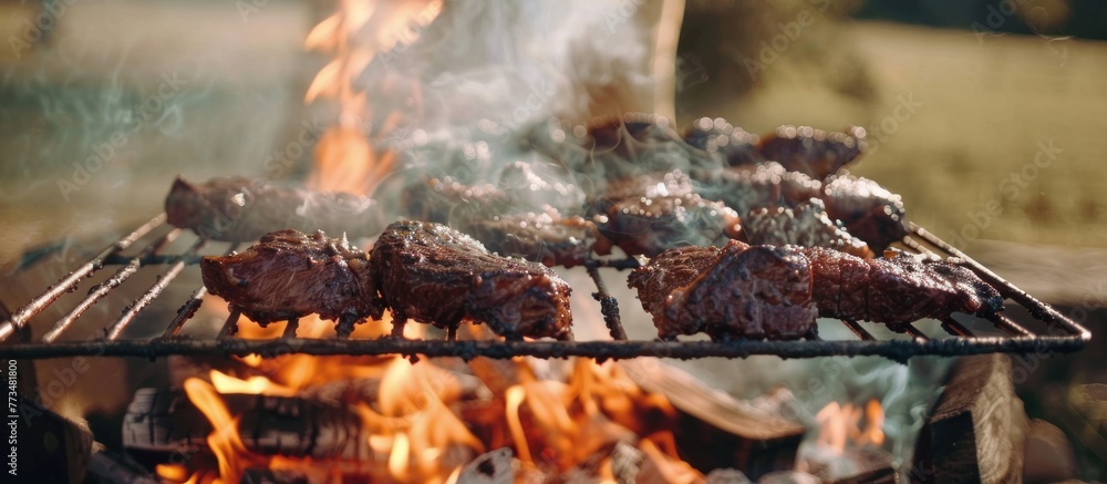 Closeup of delicious grilled beef grilled with fire