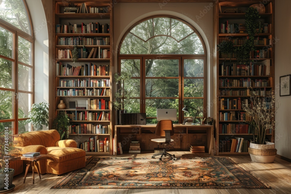 Serene Scandinavian study room with large window, cozy chair, and bookshelves