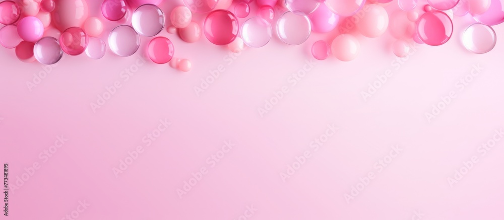 Numerous pink balloons of various sizes are gently floating in the air against a soft pink background Numerous pink balloons of various sizes are gently floating in the air against a soft pink background