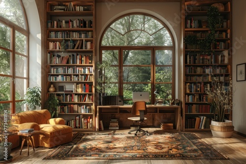 Serene Scandinavian study room with large window, cozy chair, and bookshelves