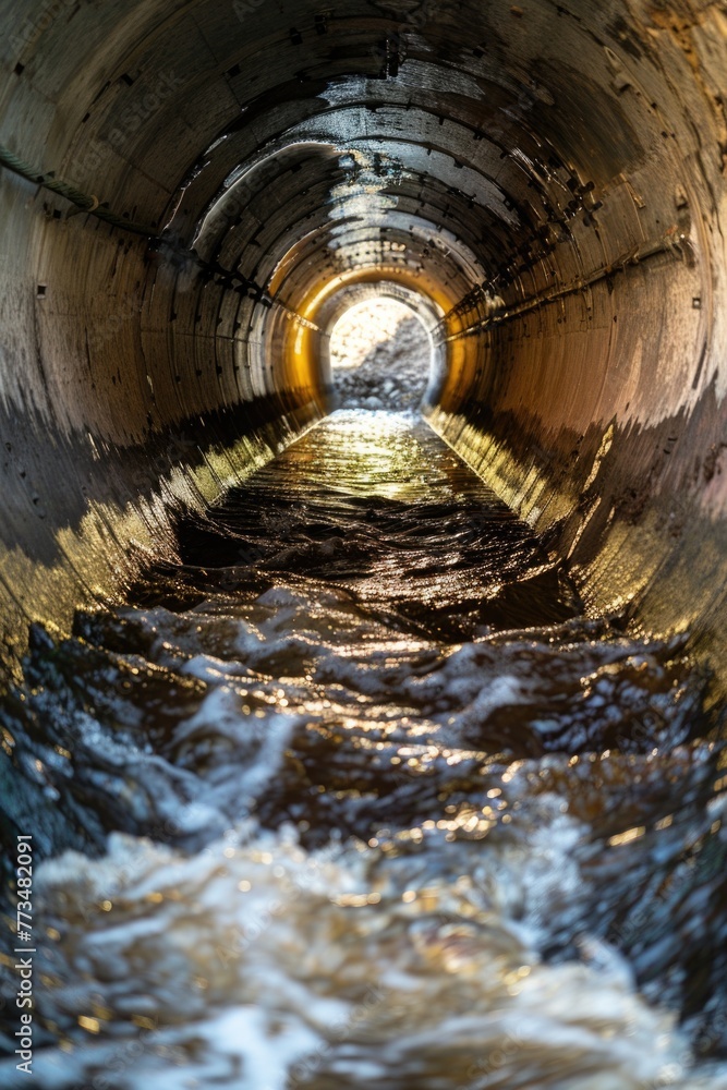 Naklejka premium A view of a tunnel with water flowing out. Suitable for industrial, environmental, or construction concepts