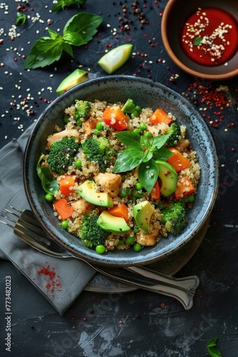 Healthy bowl of vegetables and rice, ideal for food and nutrition concepts