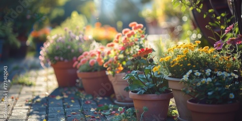 Colorful flower pots lined up on a sidewalk. Perfect for gardening or urban decor themes