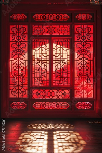 A window with a red light shining through it. Suitable for various concepts and designs