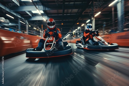 Two people having fun on go karts, suitable for recreational or entertainment concepts © Fotograf