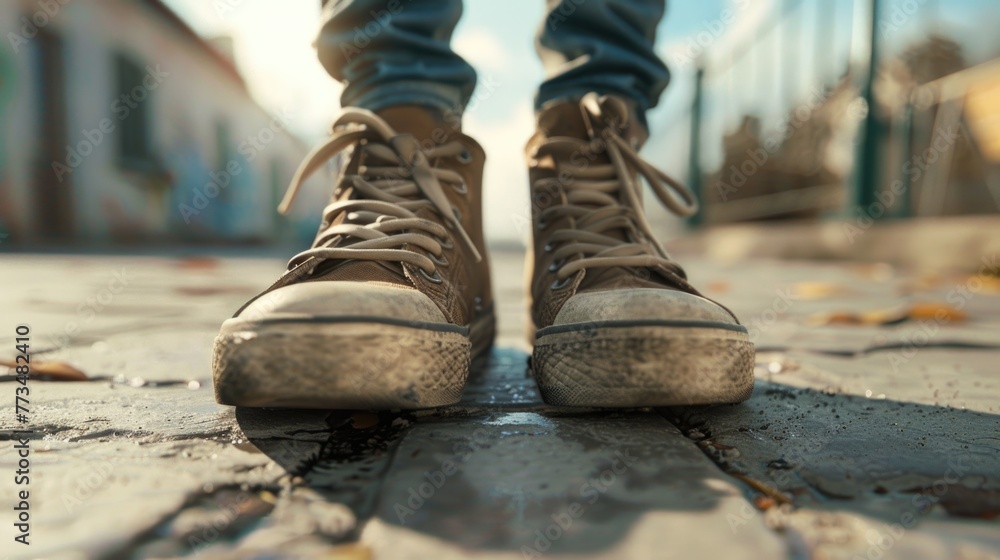 Close up view of a person's shoes on a sidewalk, suitable for various urban lifestyle themes Close up view of a person's shoes on a sidewalk, suitable for various urban lifestyle themes