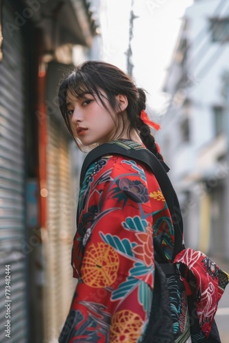 A woman in a kimono walking down the street. Suitable for cultural or travel themes