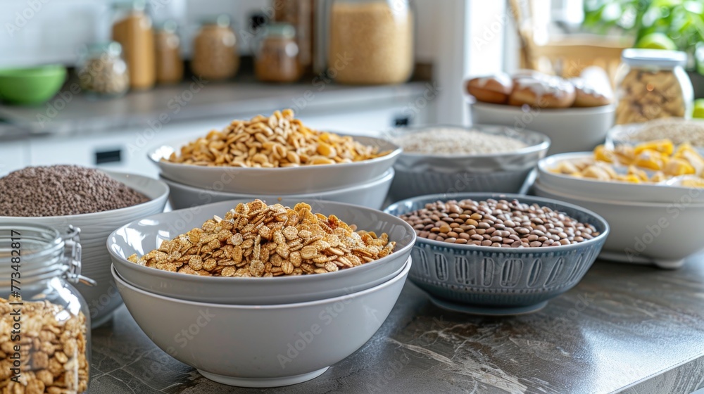 Kitchen counter with assorted cereal bowls. Ideal for food and breakfast concepts Kitchen counter with assorted cereal bowls. Ideal for food and breakfast concepts