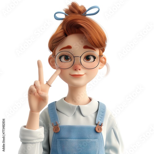 In this delightful 3D rendering  a cartoon woman spreads positivity with a peace sign. 
