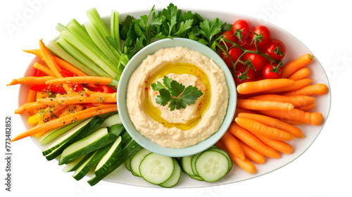 Platter Of Colorful Vegetable Crudites, Including Carrots, Cucumbers, Bell Peppers, And Cherry Tomatoes, Arranged Around a Creamy Hummus Dip