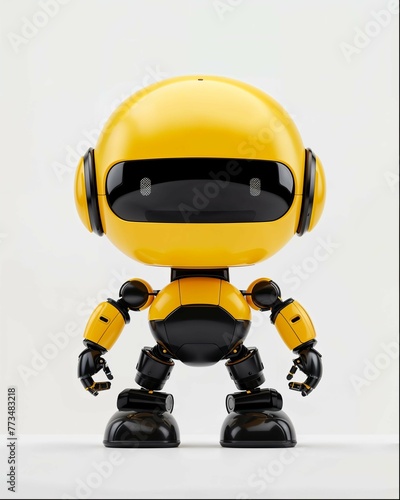 A cute yellow robot with a simple design in a standing pose against a white background in a high resolution photograph with professional color grading and no contrast, clean sharp focus and no shadows