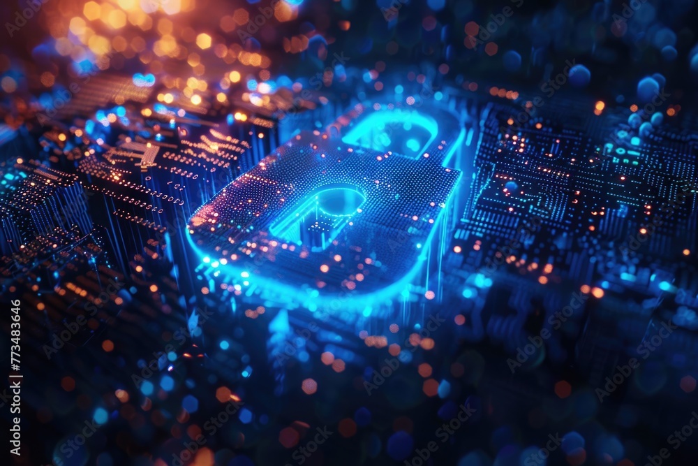 A close up of a circuit board with a glowing padlock. Ideal for technology and security concepts A close up of a circuit board with a glowing padlock. Ideal for technology and security concepts
