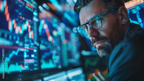 Focused Analyst in Front of Financial Charts - A professional man examining complex financial data on multiple screens.