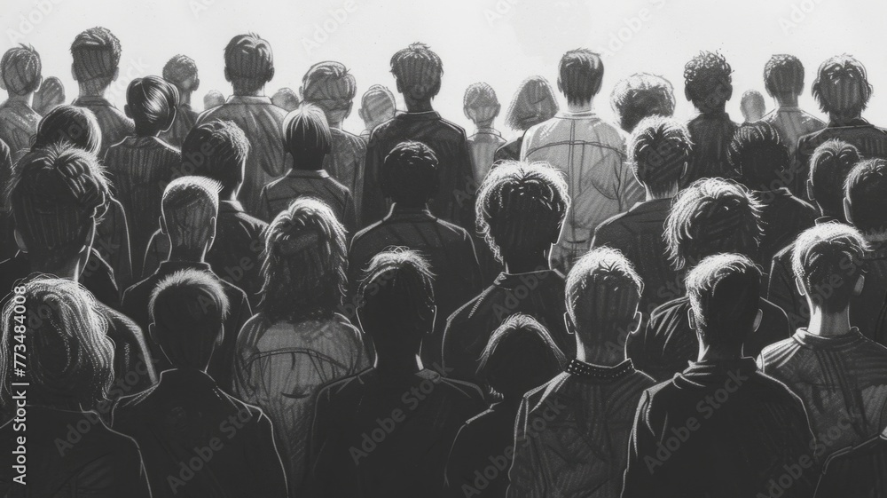 Obraz premium Monochrome Crowd Illustration - A grayscale drawing of a group of people seen from behind, focusing on unity.
