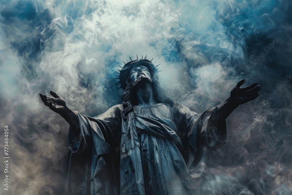Mystical Figure in Ethereal Smoke - A statue with an outstretched pose surrounded by swirling smoke in a blue-tinted atmosphere. Mystical Figure in Ethereal Smoke - A statue with an outstretched pose surrounded by swirling smoke in a blue-tinted atmosphere.
