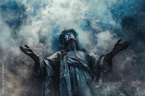 Mystical Figure in Ethereal Smoke - A statue with an outstretched pose surrounded by swirling smoke in a blue-tinted atmosphere.