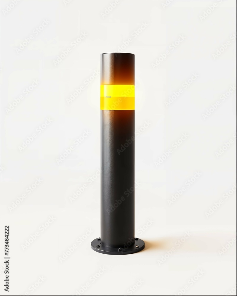 Black bollard light with yellow LED, white background, front view, product design, rendering effect, 3D model, product renderings, rendering effects, Black bollard light with yellow LED, white background, front view, product design, rendering effect, 3D model, product renderings, rendering effects,