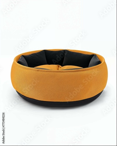 A simple dog bed, with a black interior and mustard yellow exterior. The bottom is round in shape, while the top has an elegant, soft design that could be used as part of the pet's hair texture. (ID: 773484226)