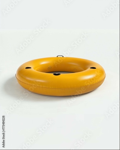 A yellow inflatable swimming ring, floating on the ground, white background, front view, simple style, simple details, minimalist style, real photography, studio lighting, soft light, product display  (ID: 773484228)